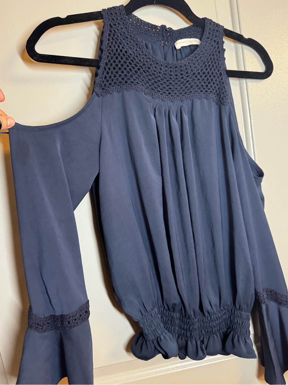 Ramy Brook Navy Crochet-Yoke Cold-Shoulder Blouse